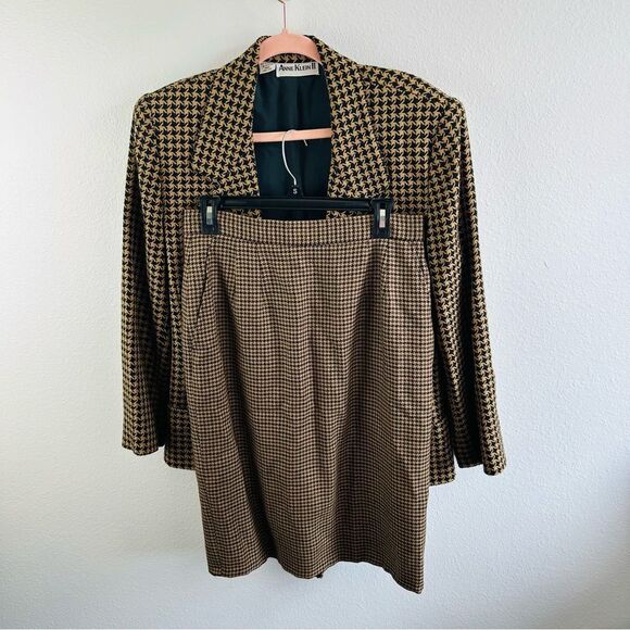 Anne Klein II Brown Houndstooth Skirt Suit Set Vintage Size 12 - Picture 1 of 7